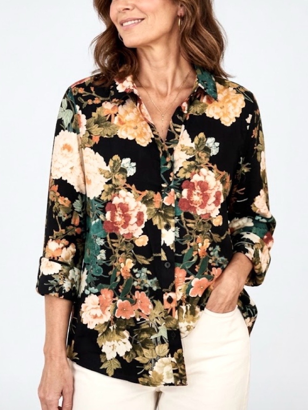 Chico's Non Iron Floral Button Down Long Sleeve Shirt Size 3.5 US 18 Sateen